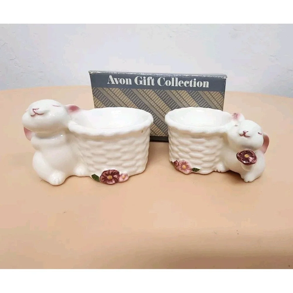 Vintage 1982 Avon Set Of 2 Ceramic Bunny Taper Holders.‎ Made In Brazil